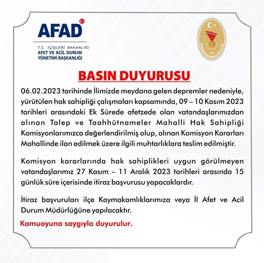 Komisyon Kararları Hakkında ki  İtiraz Başvuruları Duyurusu